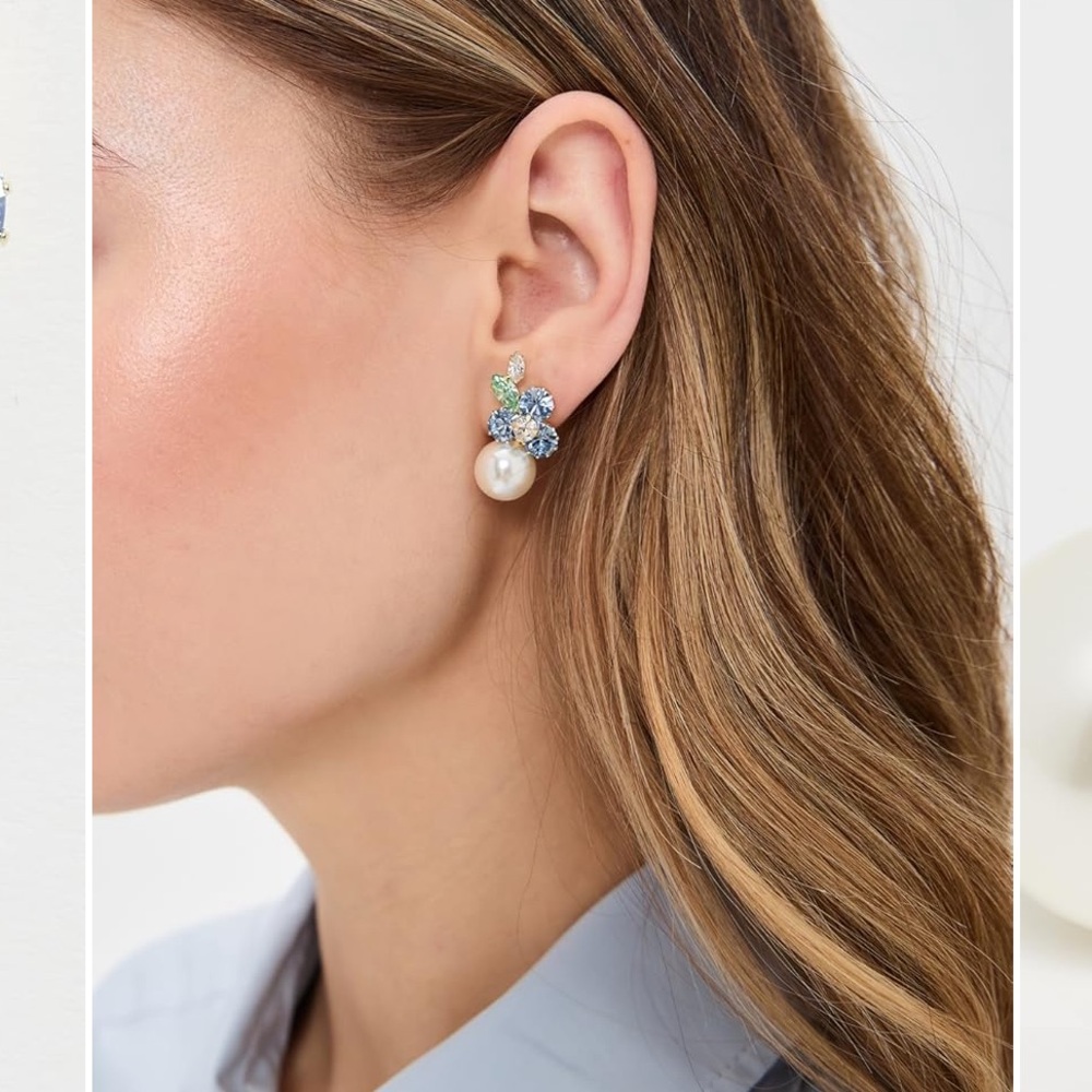 Jennifer Behr Blue, Green and Pearl Crystal Cluster Earrings - Picture 2 of 10